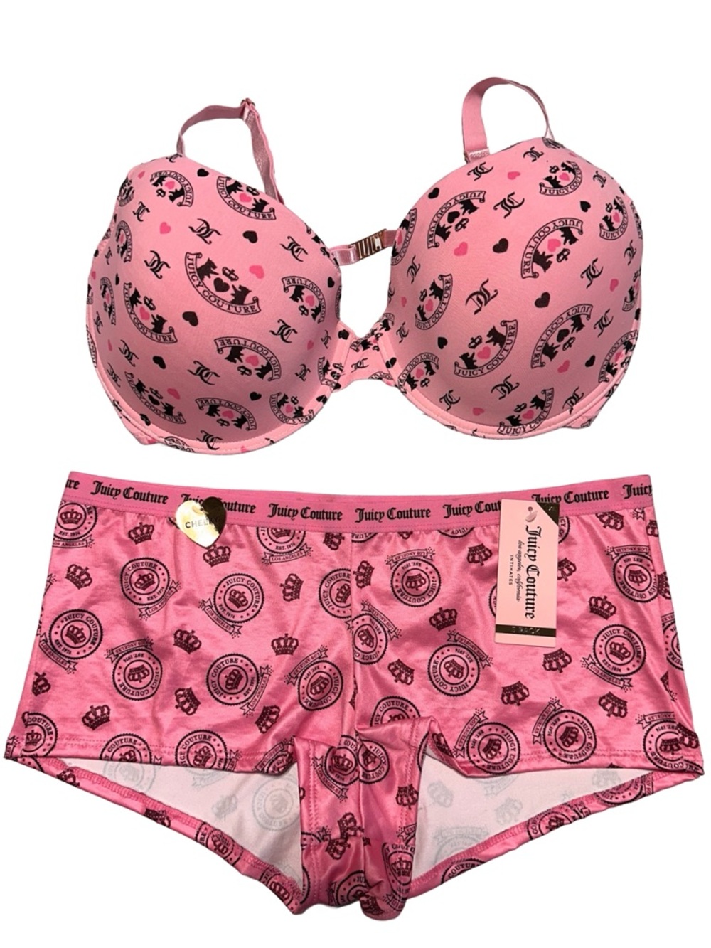 Y2K JUICY COUTURE Pink Logo Crown Lingerie Bundle Bra 38DD Panty XL